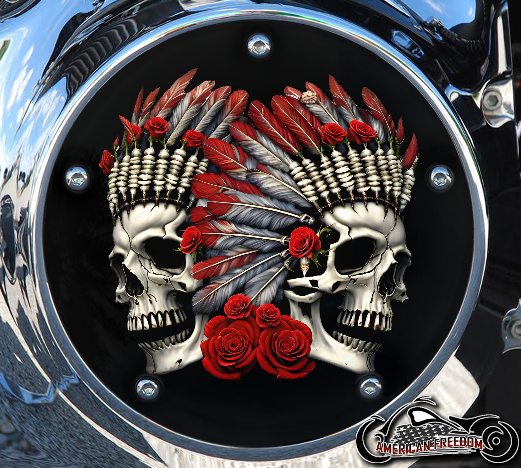 Custom Derby Cover - Indian Skull Roses Red